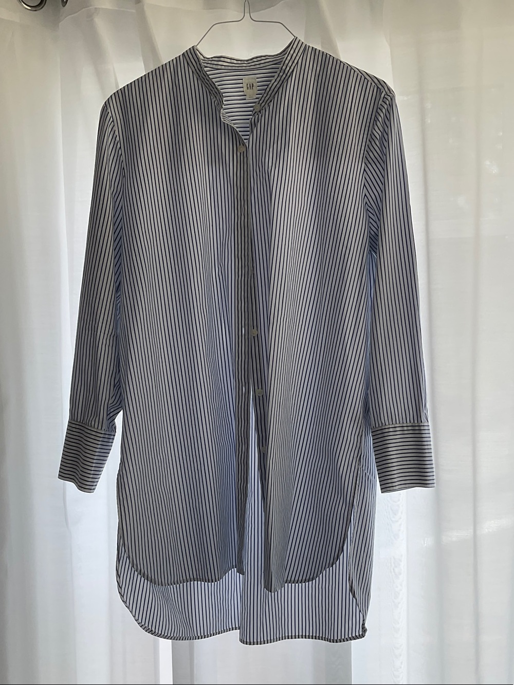 GAP Navy and White Striped Longline Button-Down Shirt